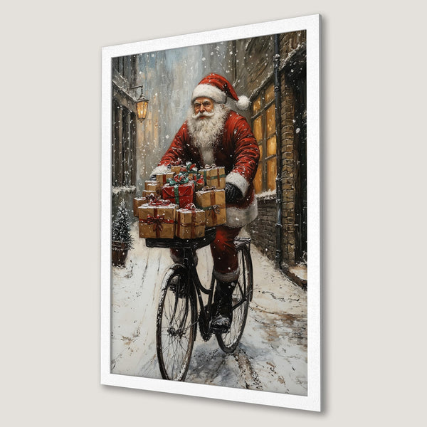 Framed Poster featuring Santa Claus on a bicycle delivering gifts in a snowy scene. Vintage style, warm color palette for Christmas decor.