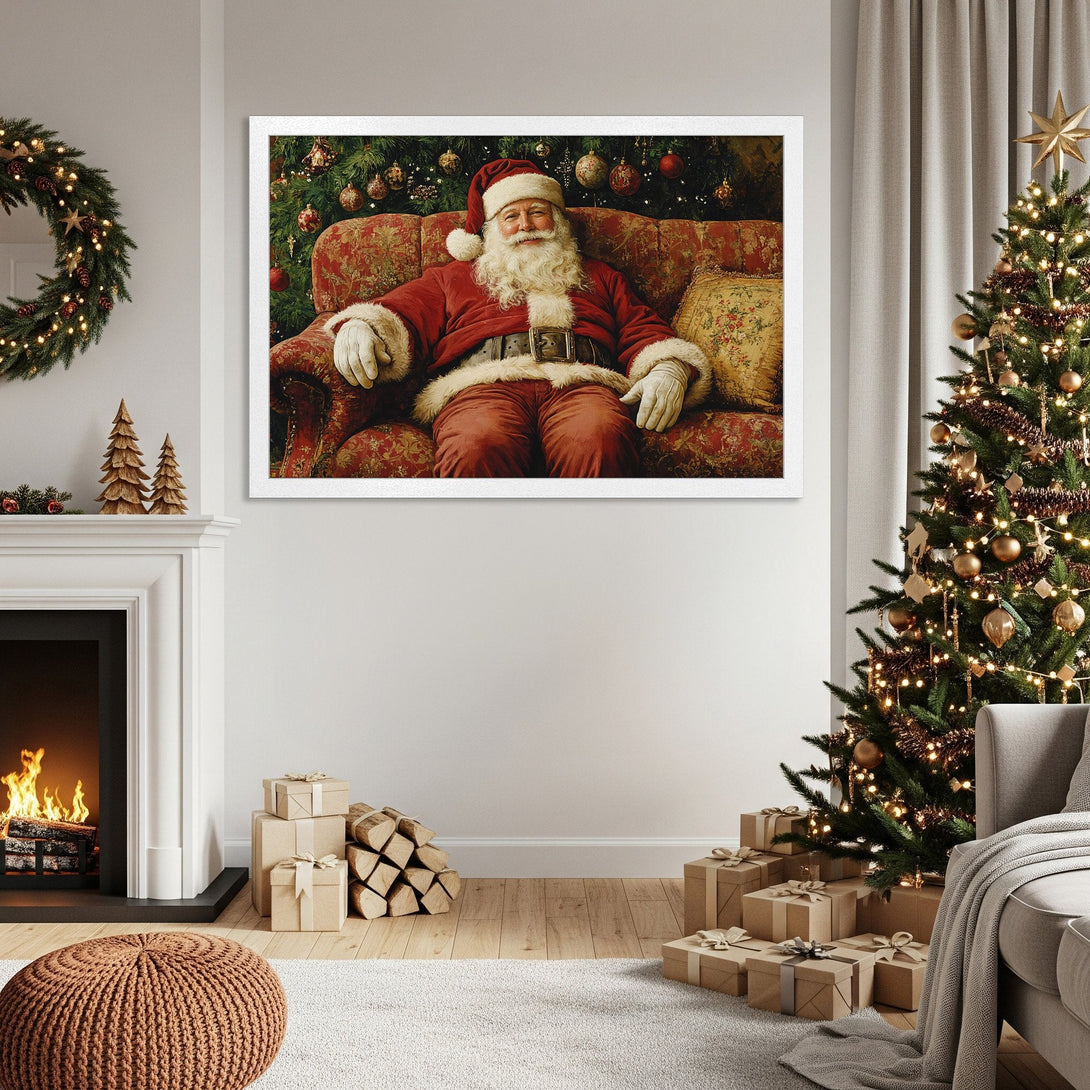 Framed Poster featuring Santa Claus in a classic style with a warm red and gold color palette, perfect for Christmas decor.