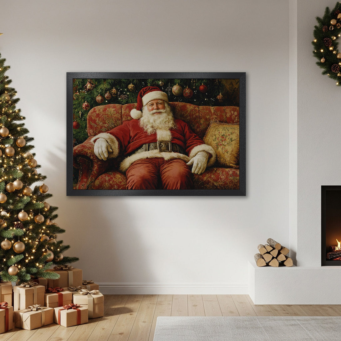 Framed Poster featuring Santa Claus in a classic style, warm red and gold color palette, perfect for Christmas decor.