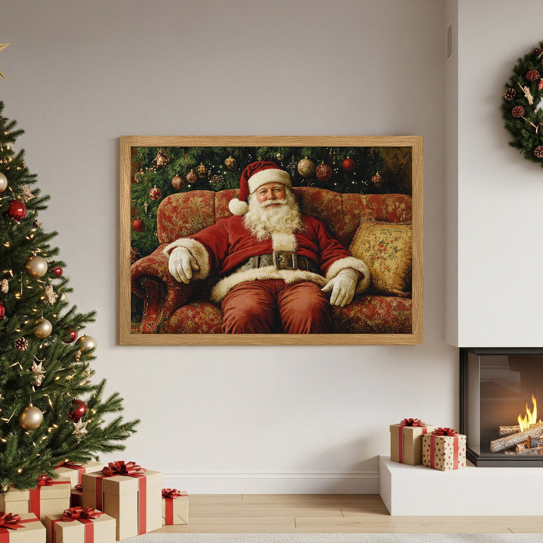 Framed Poster featuring Santa Claus in a classic style with a warm red and gold color palette, perfect for holiday decor.