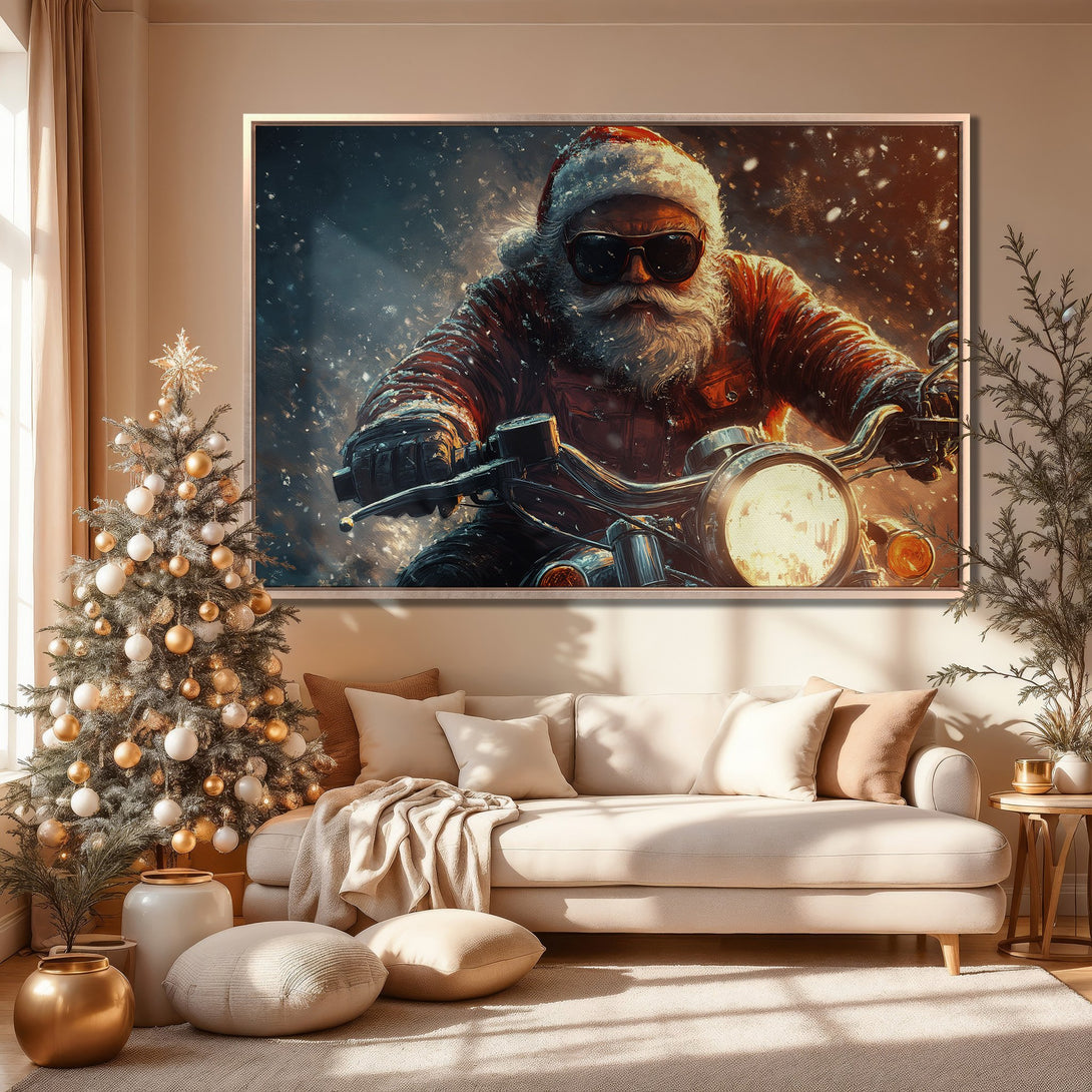 Framed Wall Art featuring Santa on a motorcycle, a cool holiday statement piece. Warm, inviting color palette perfect for any room.