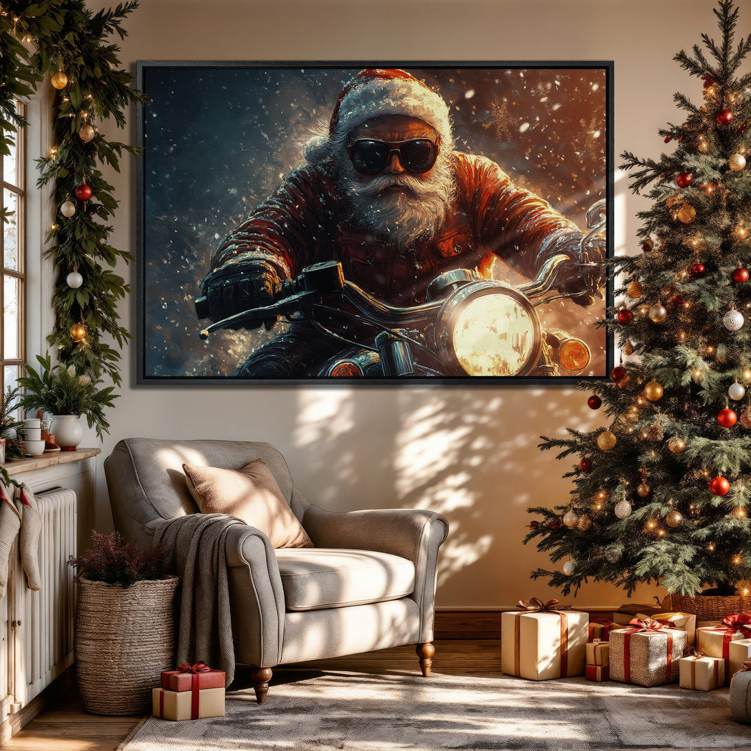 Framed Wall Art: Santa on a motorcycle, action-packed art in a Christmas-themed living room. Warm color palette with reds, oranges, and blues. Perfect holiday decor!