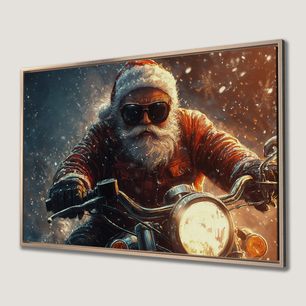 Framed Wall Art: Santa on a motorcycle in a snowy scene. Bold red, orange, and blue tones create a cool, edgy Christmas vibe. Perfect holiday decor!