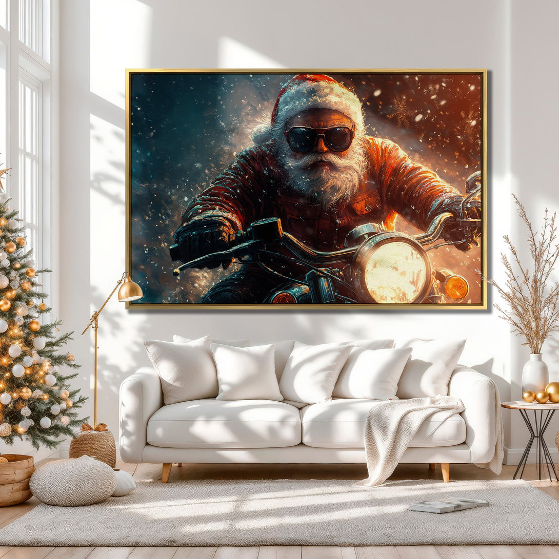 Canvas Print: Santa Claus on a motorcycle, bold art in warm red and blue tones. Perfect for holiday decor!