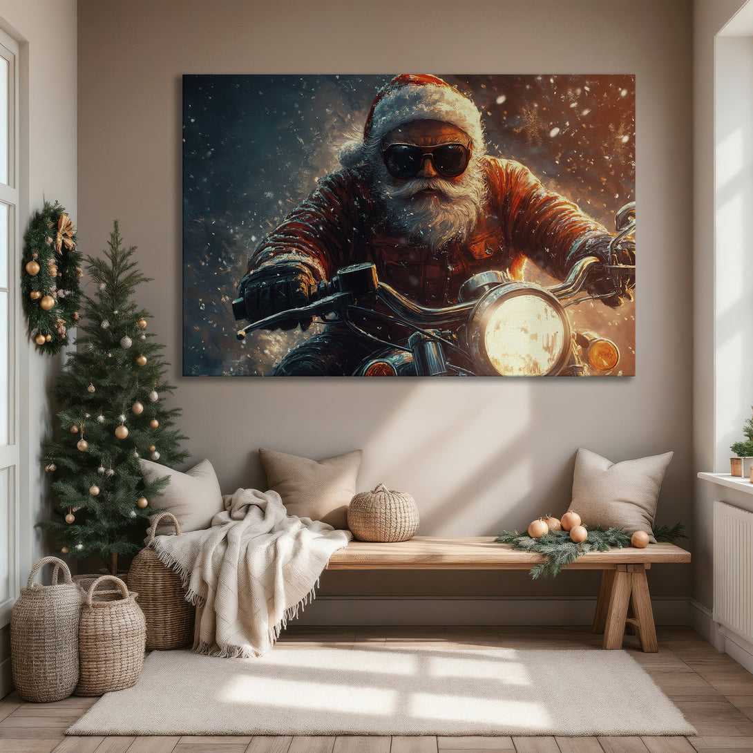 Framed Wall Art: Santa on a motorcycle, action-packed illustration in a warm, vibrant color palette. Perfect for holiday decor.
