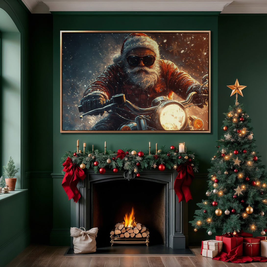 Framed Wall Art: Santa Claus on a motorcycle, cool and festive! Rich red and green color palette, perfect for holiday decor.