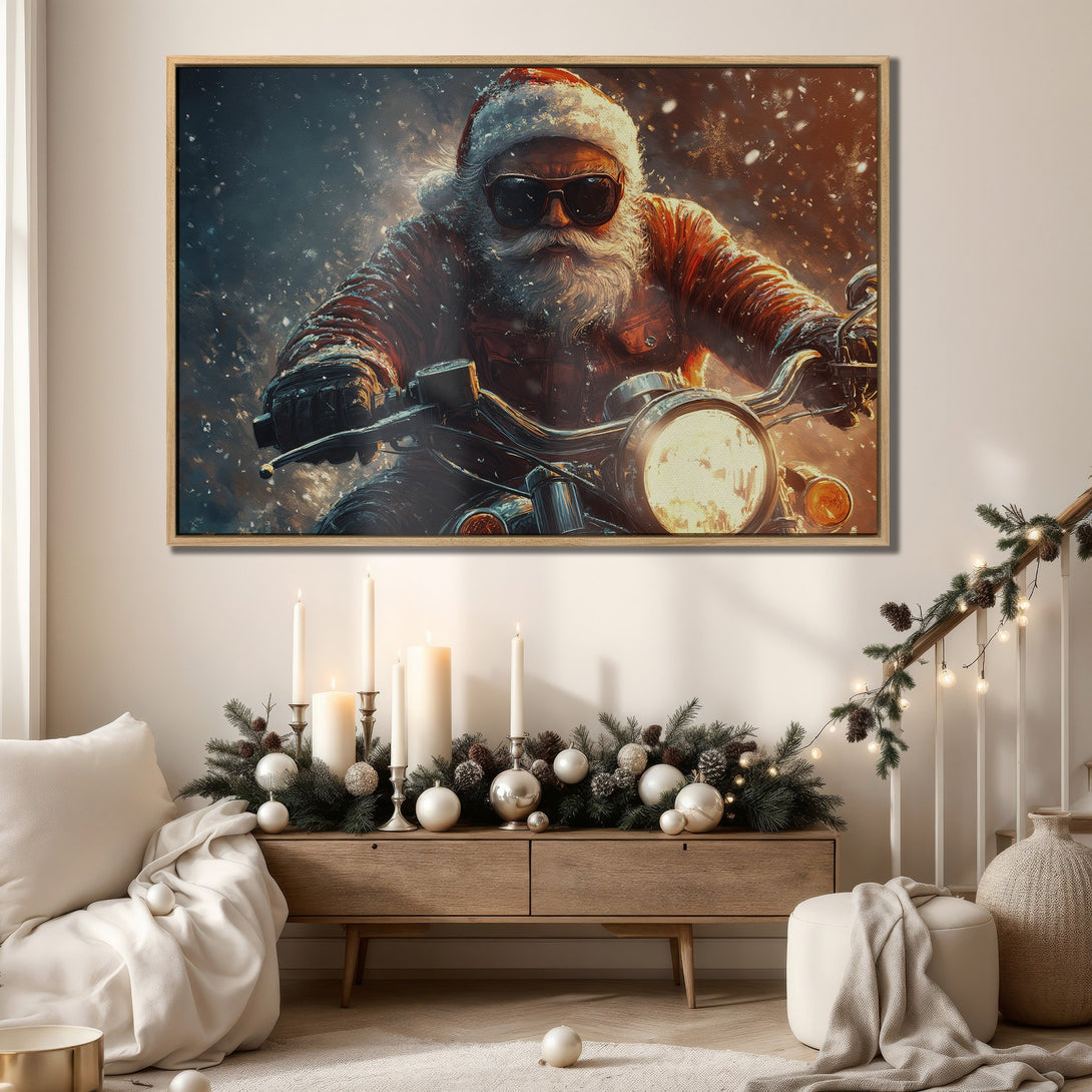 Framed Wall Art: Cool Santa on a motorcycle in a snowy scene. Modern, warm color palette. Perfect Christmas decor!