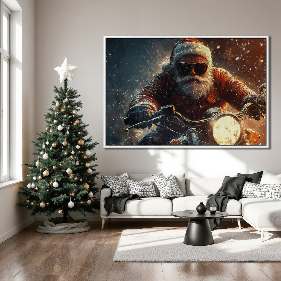 Framed Wall Art: Santa Claus on a motorcycle, bold and modern style. Red, black, and white color palette. Perfect Christmas decor for your home!