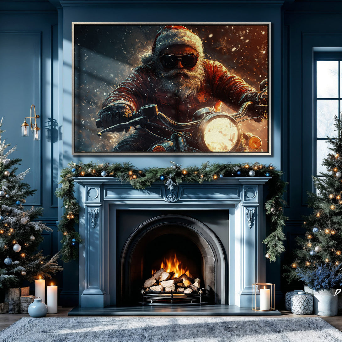 Framed Wall Art: Santa on a motorcycle print in a cozy blue interior. Festive art with a warm color palette, perfect for Christmas decor.