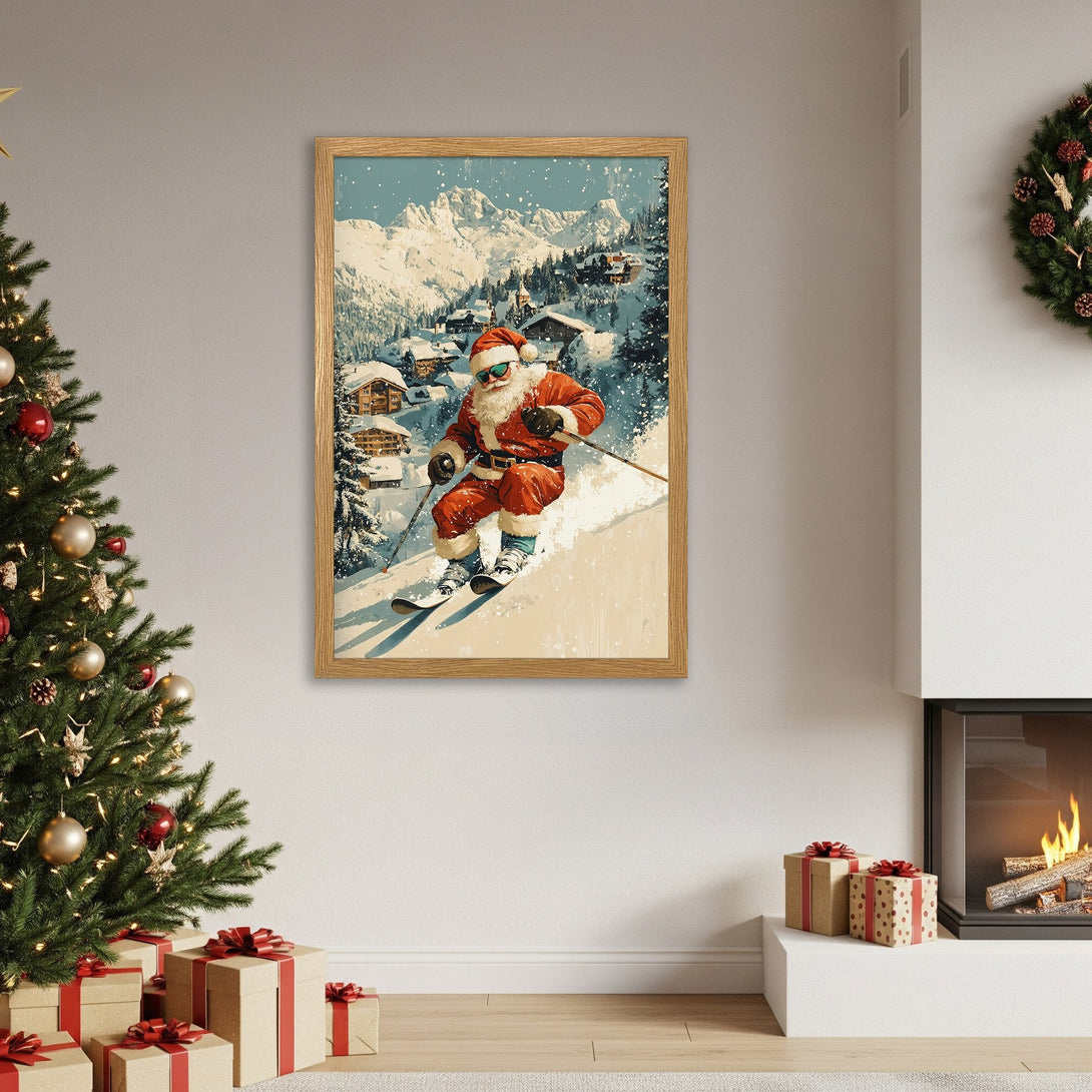 Framed Poster featuring Santa skiing in a winter wonderland. Vintage style, warm reds & blues. Perfect Christmas decor!