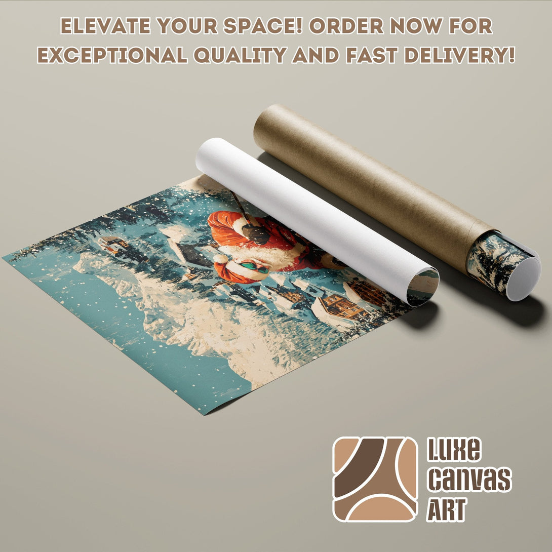 Poster Roll featuring a winter scene with Santa, in a vintage style, with a blue and beige color palette.