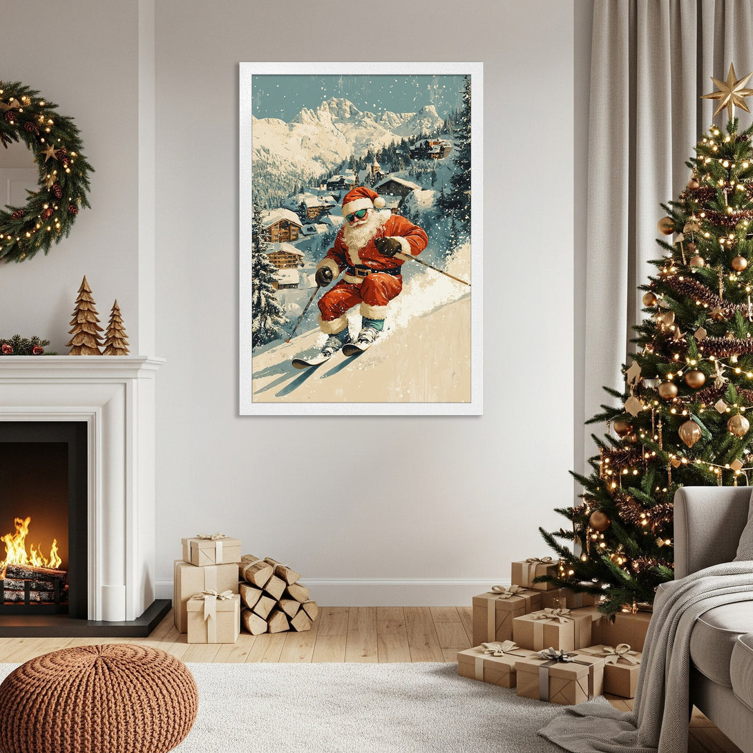 Framed Poster featuring Santa skiing in a snowy mountain village. Vintage style art with a red, white, and blue color palette. Perfect Christmas decor!