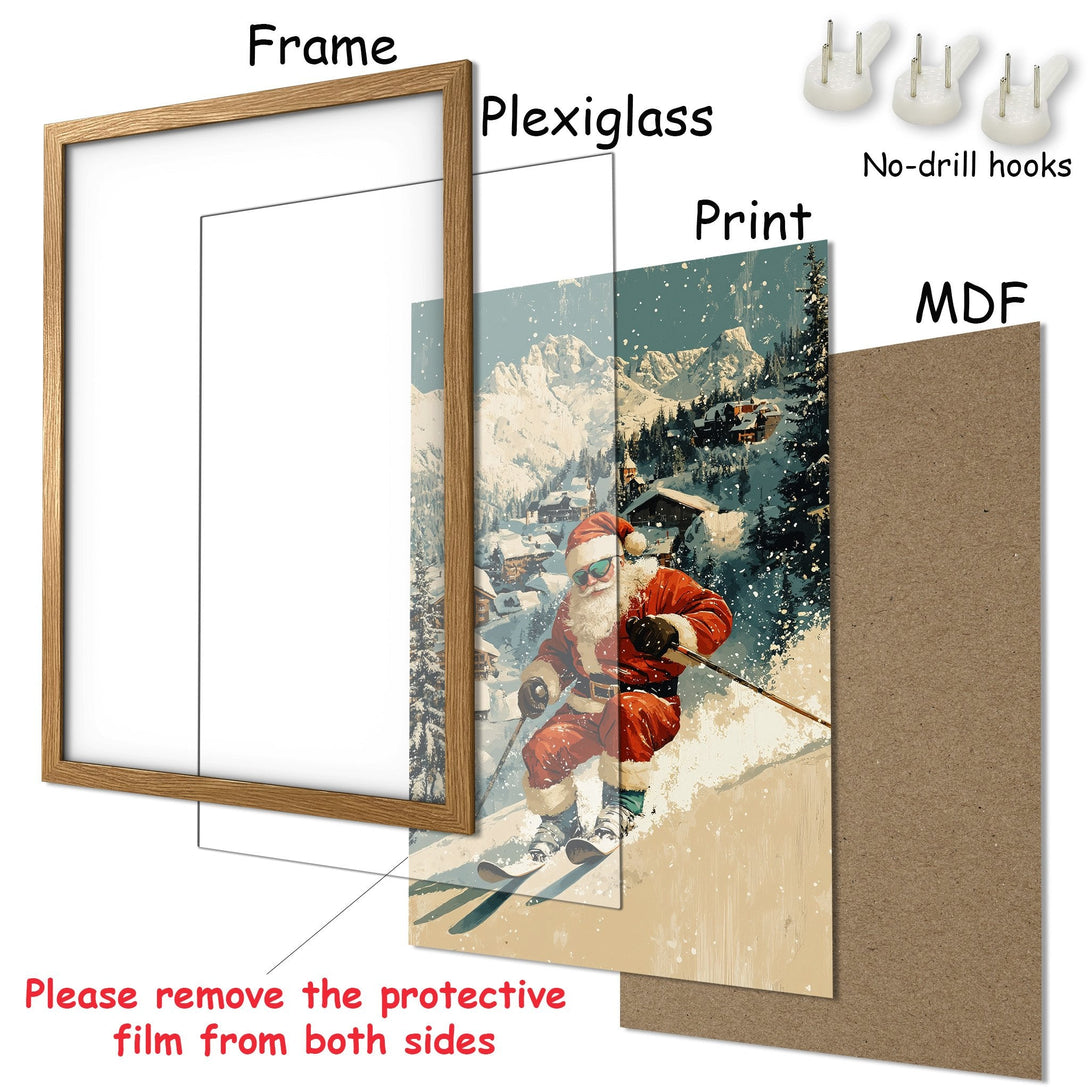 Framed Poster featuring Santa skiing in a winter landscape. Vintage style with a warm, neutral color palette. Perfect holiday decor!
