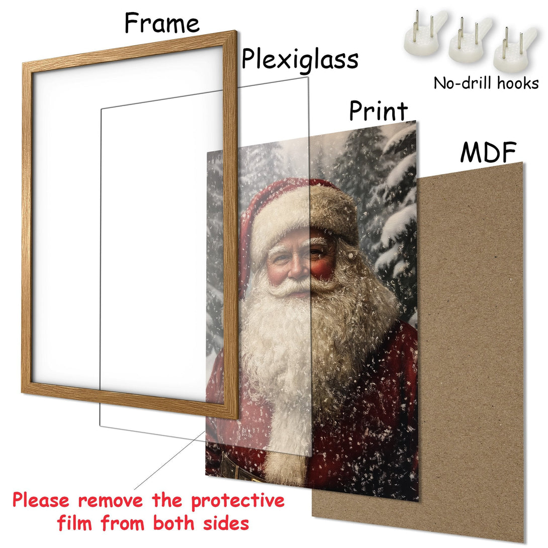 Framed Poster featuring Santa Claus in a snowy scene, warm red and white palette, ready to hang!