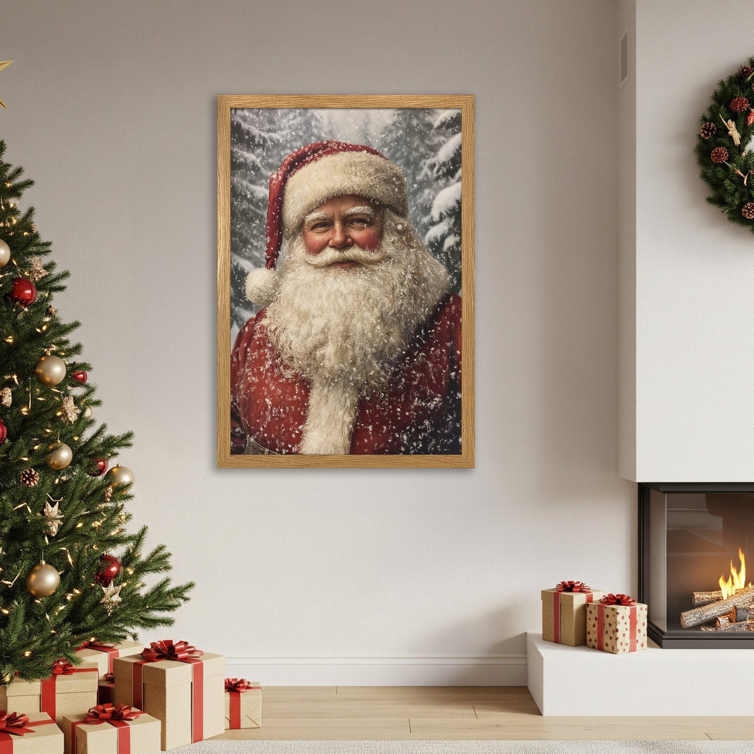Framed Poster featuring Santa Claus in a snowy forest scene. Festive art with red, white, and green color palette. Perfect Christmas decor!