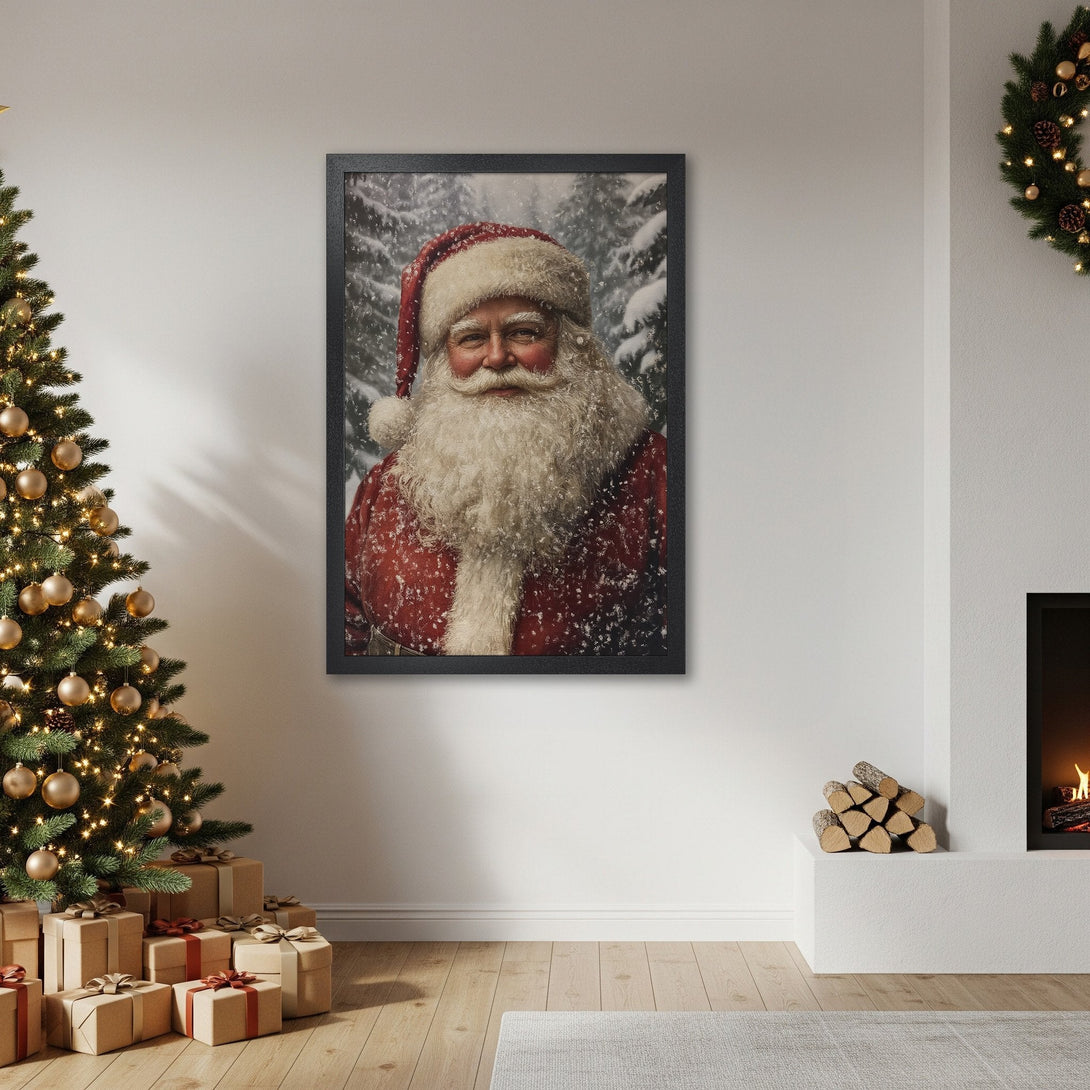 Framed Poster featuring Santa Claus portrait in a winter scene. Festive red & white color palette, perfect Christmas decor.