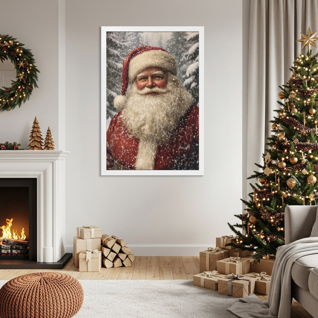 Framed Poster featuring Santa Claus in a snowy forest, warm red and white tones, perfect Christmas decor.