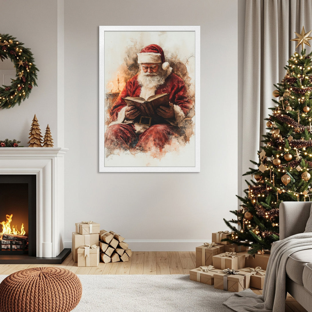 Framed Poster of Santa Claus reading, watercolor style, warm red and neutral tones, perfect Christmas decor.