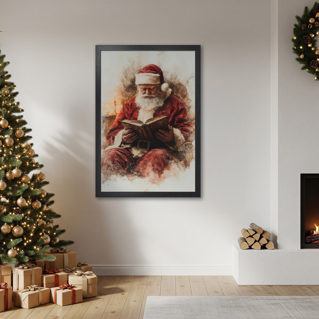Framed Poster featuring Santa Claus reading. Watercolor style art with warm red and neutral color palette for Christmas decor.