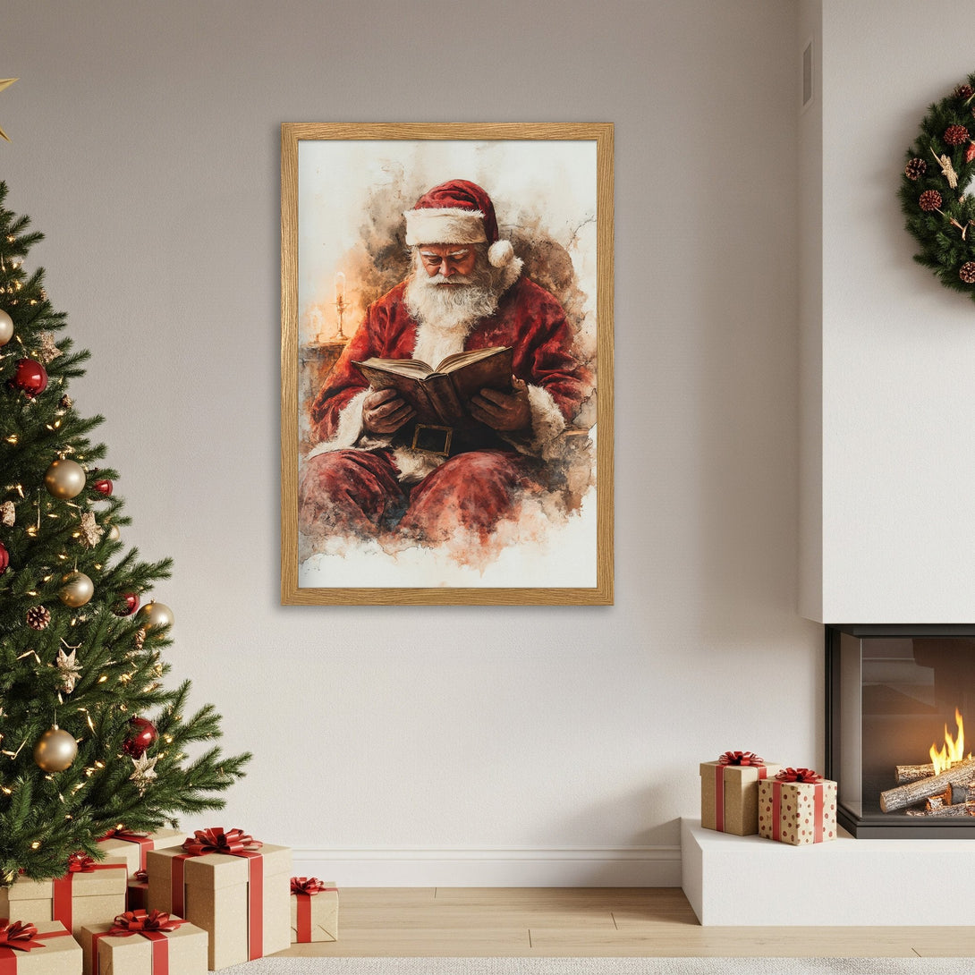 Framed Poster featuring Santa Claus reading a book, watercolor style, warm red and brown tones, perfect for Christmas decor.