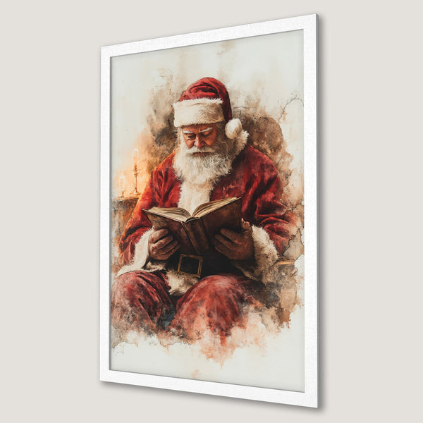 Framed Poster of Santa Claus reading a book, watercolor style, warm red and brown tones. Perfect Christmas decor!