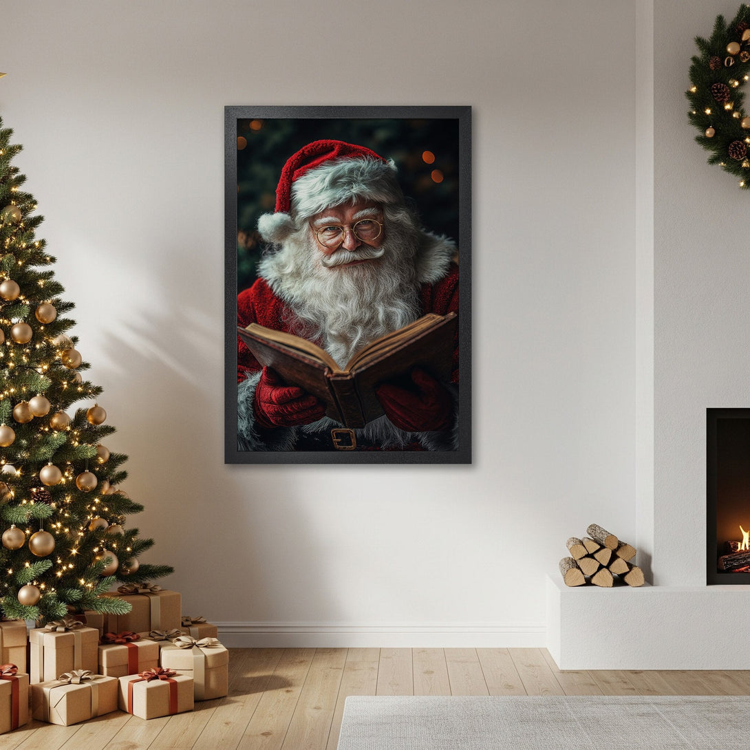 Framed Poster of Santa Claus reading a book. Festive Christmas decor with a warm, inviting color palette. Perfect holiday gift!