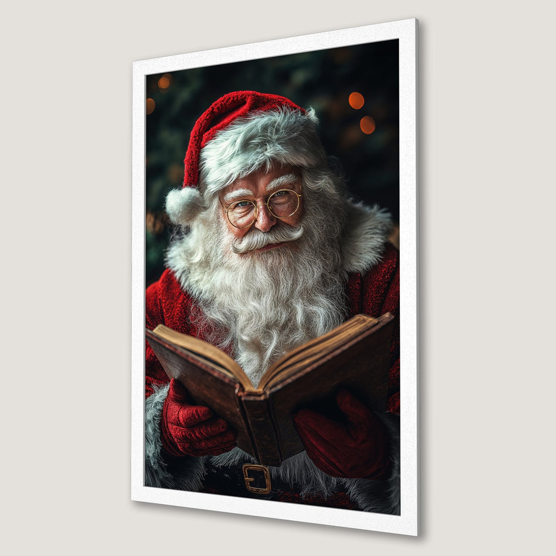 Framed Poster featuring Santa Claus reading a book. Festive style with red, white, and gold color palette. Perfect Christmas wall art.