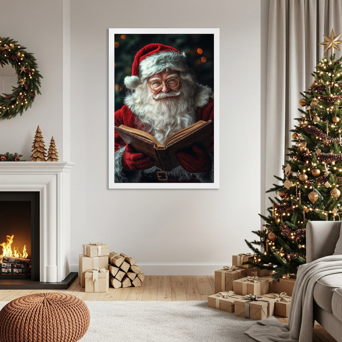 Framed Poster featuring Santa Claus reading a book. Festive Christmas decor with warm, inviting colors. Perfect holiday gift!