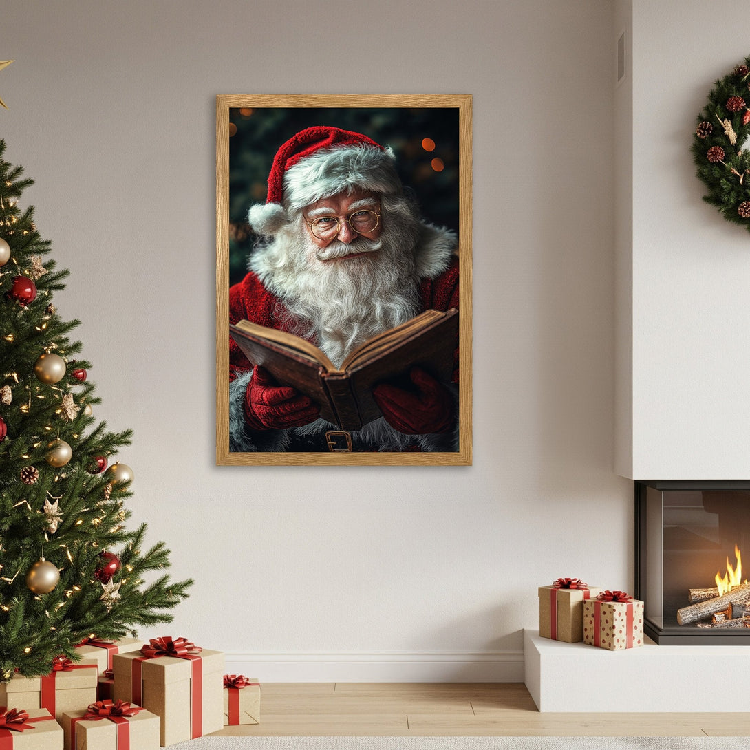 Framed Poster of Santa Claus reading, festive Christmas decor, warm red and gold palette. Perfect holiday gift!