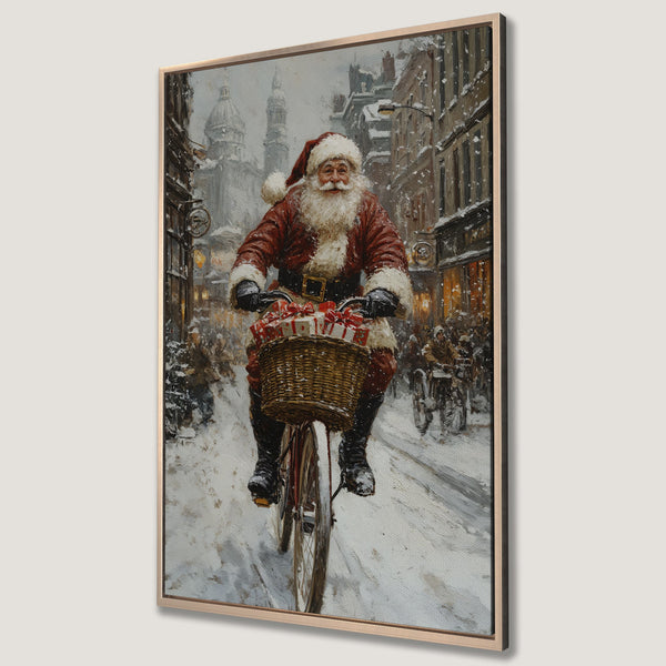 Framed Wall Art: Santa Claus on a bicycle in a snowy city scene. Classic painting style with a warm, festive color palette. Perfect Christmas decor.