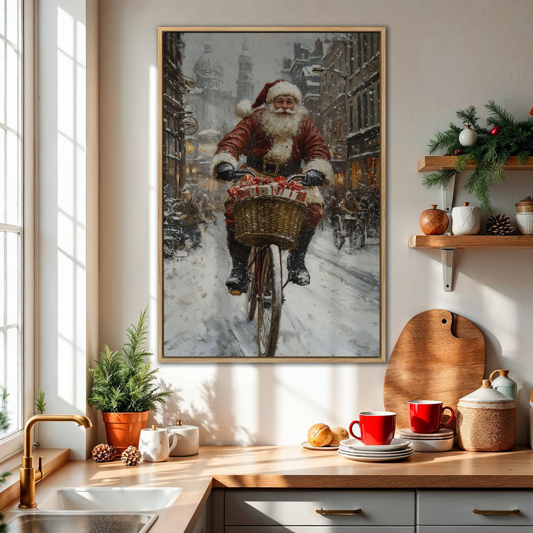 Framed Wall Art: Vintage Santa Claus on a bicycle in a snowy city. Classic painting style with a warm, neutral color palette. Perfect Christmas decor!