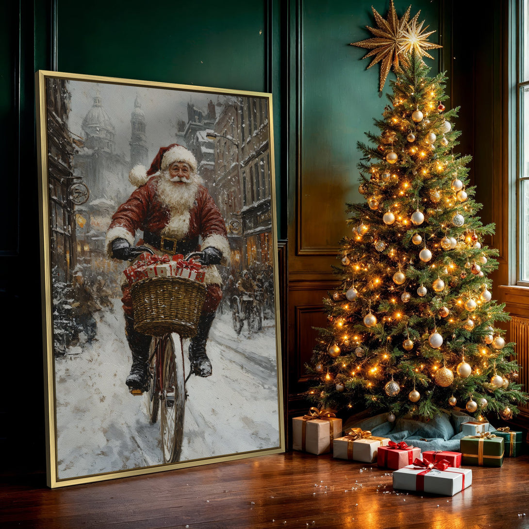 Canvas Print of Santa Claus on a bicycle in a snowy scene, vintage style, with red, white, and brown tones. Festive wall art for Christmas.