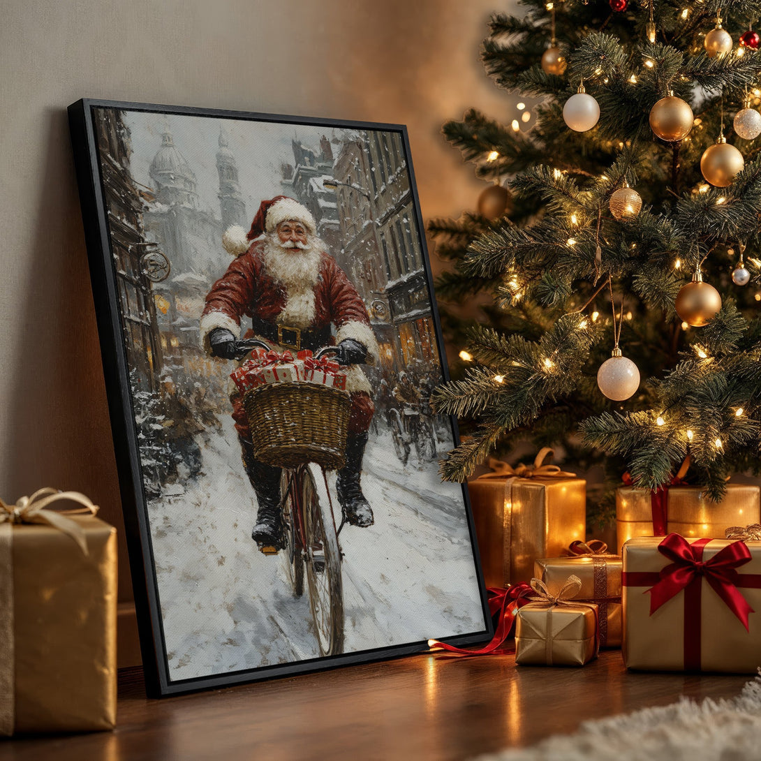 Framed Wall Art: Santa Claus on a bicycle in a snowy cityscape. Classic oil painting style with warm red, gold, and wintery gray tones. Perfect Christmas decor!