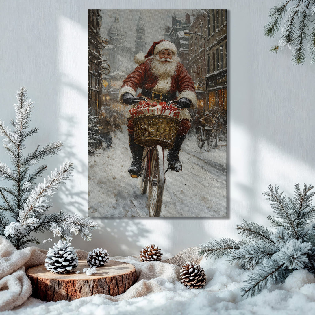 Framed Wall Art: Santa on a bike in a snowy scene, classic style with red, white, and gold color palette. Perfect Christmas decor!