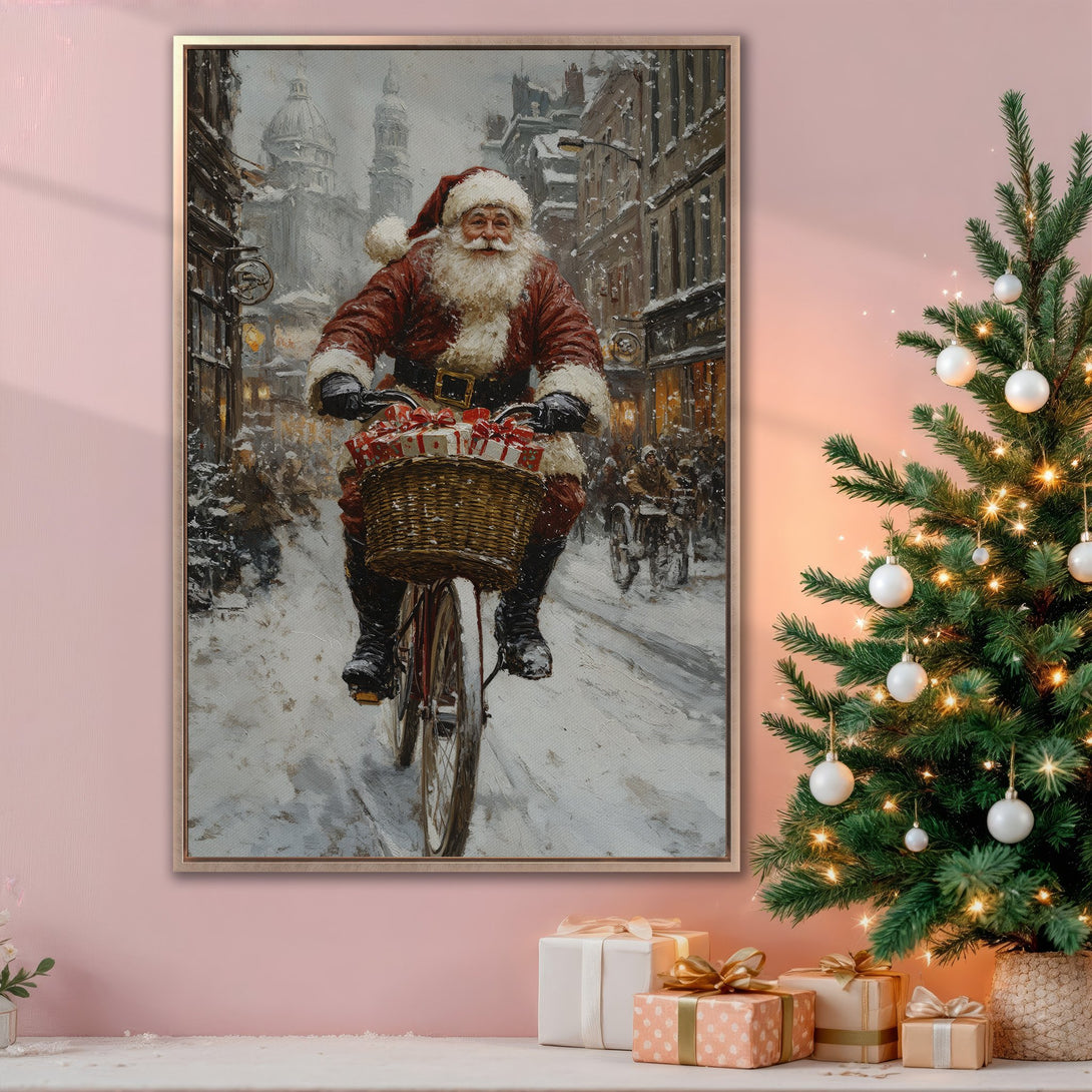 Framed Wall Art: Vintage Santa Claus on bicycle in snowy city scene. Warm color palette. Perfect Christmas decor for cozy homes.