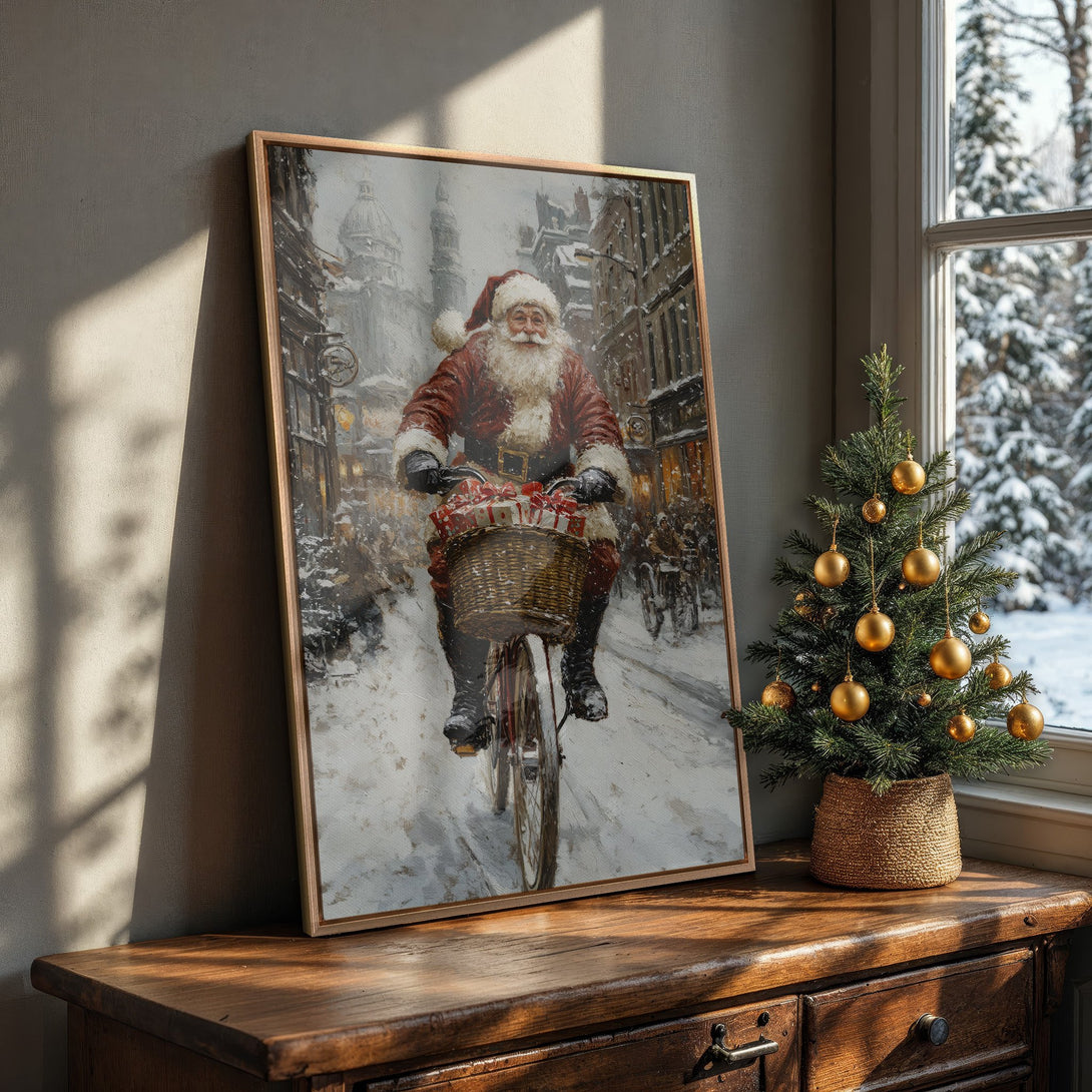 Framed Wall Art: Vintage Santa Claus on a bicycle in a snowy scene. Warm, inviting color palette. Perfect Christmas decor!