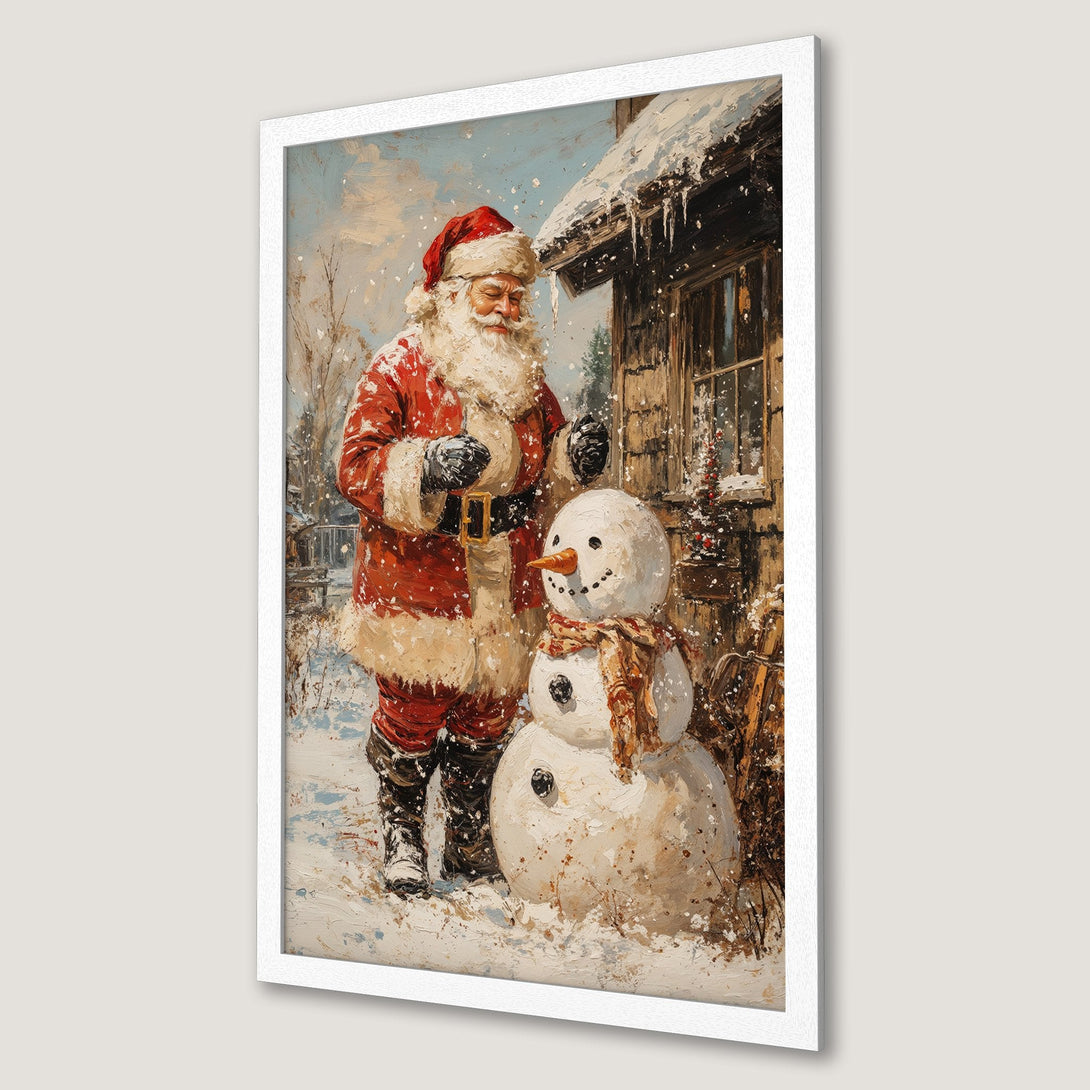 Framed Poster featuring Santa Claus and a snowman in a winter scene. Rustic style, warm red and brown tones, perfect Christmas wall art.