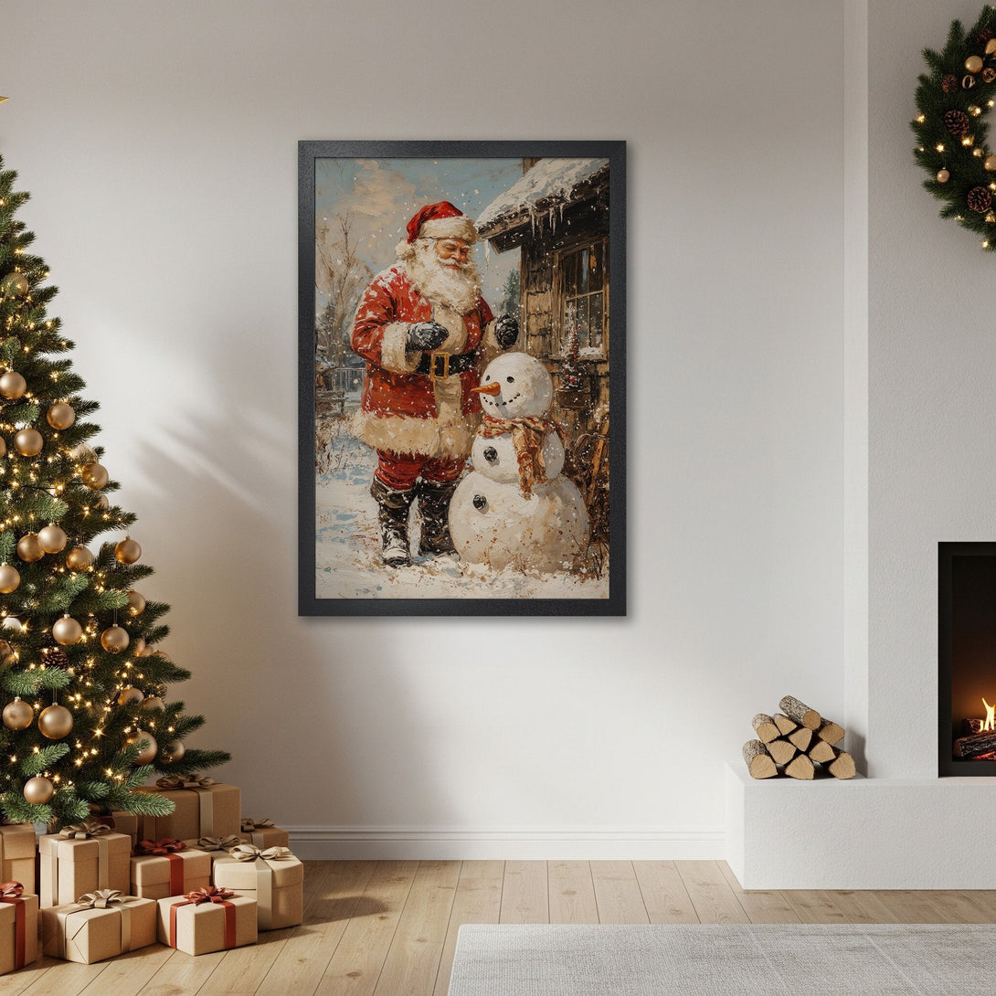 Framed Poster featuring Santa Claus and snowman in a vintage style, with a warm red, white, and blue color palette. Perfect Christmas decor!