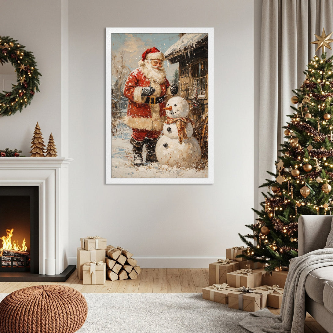 Framed Poster featuring Santa Claus & snowman in a snowy scene, painted in a vintage style with red, white, and blue hues. Perfect Christmas decor!