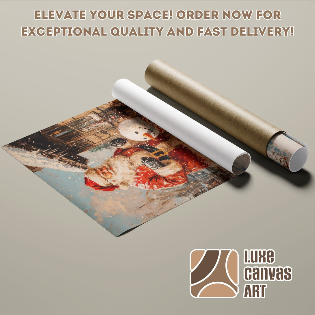 Christmas Poster Roll with Santa & Snowman, Impressionist style, warm color palette. Order now!