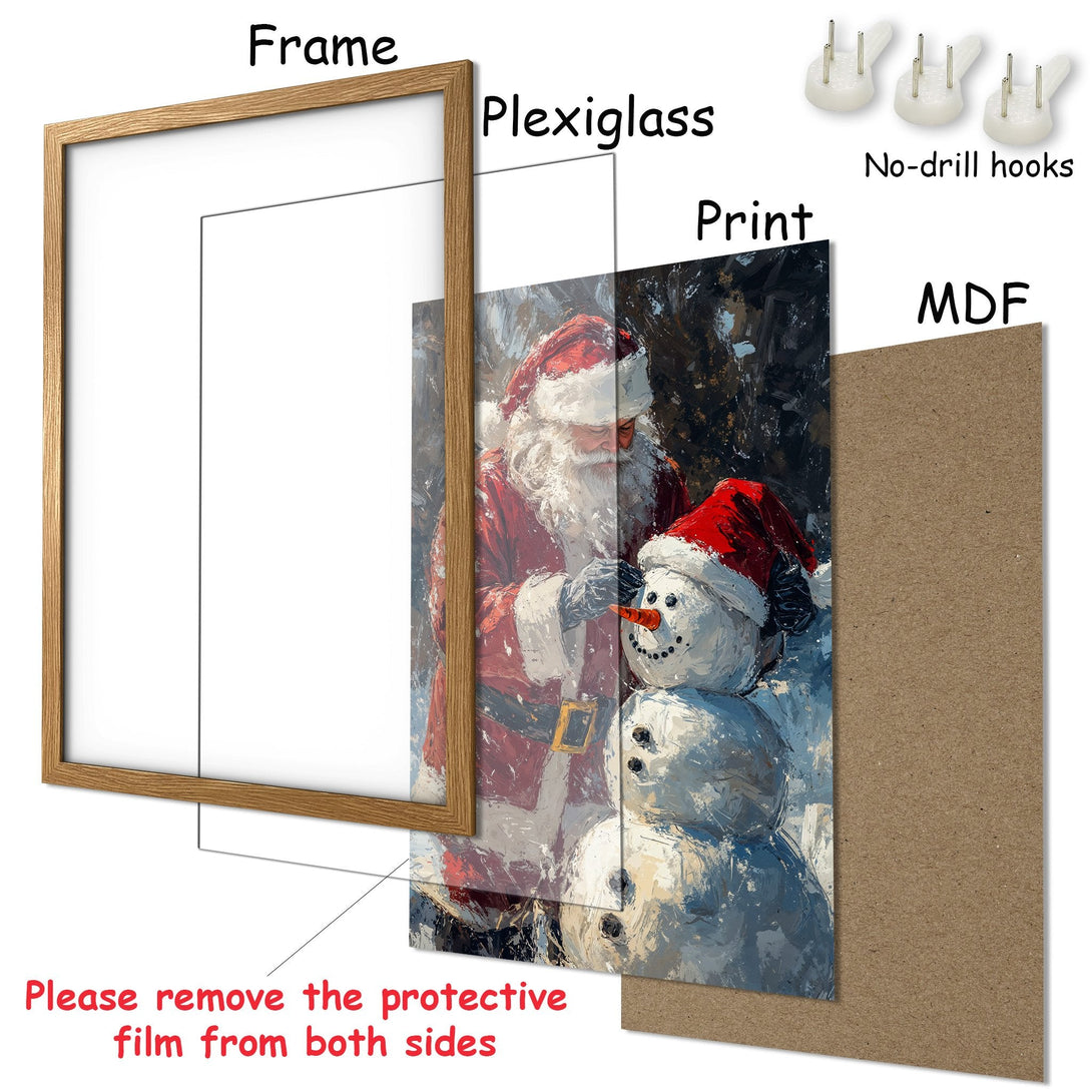 Framed Poster of Santa Claus and snowman art, featuring a festive red and white color palette. Perfect Christmas decor!