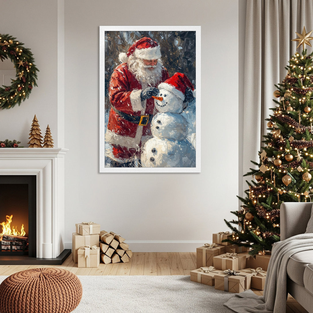 Framed Poster featuring Santa building a snowman, impressionist style, red and white palette, perfect Christmas decor.
