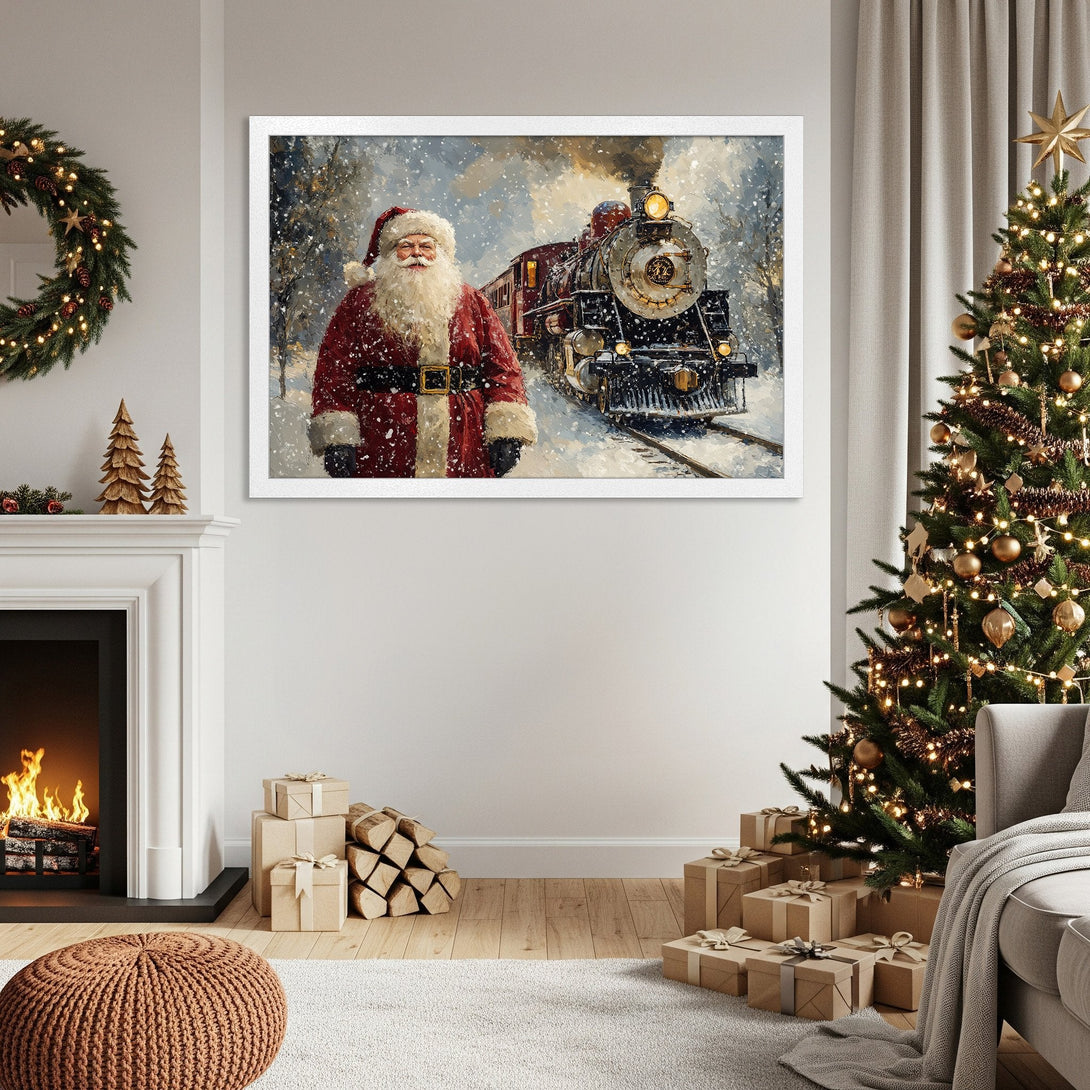 Framed Poster featuring Santa & train in a snowy scene. Festive art in a warm, inviting style with red, white, and blue tones. Perfect Christmas decor!