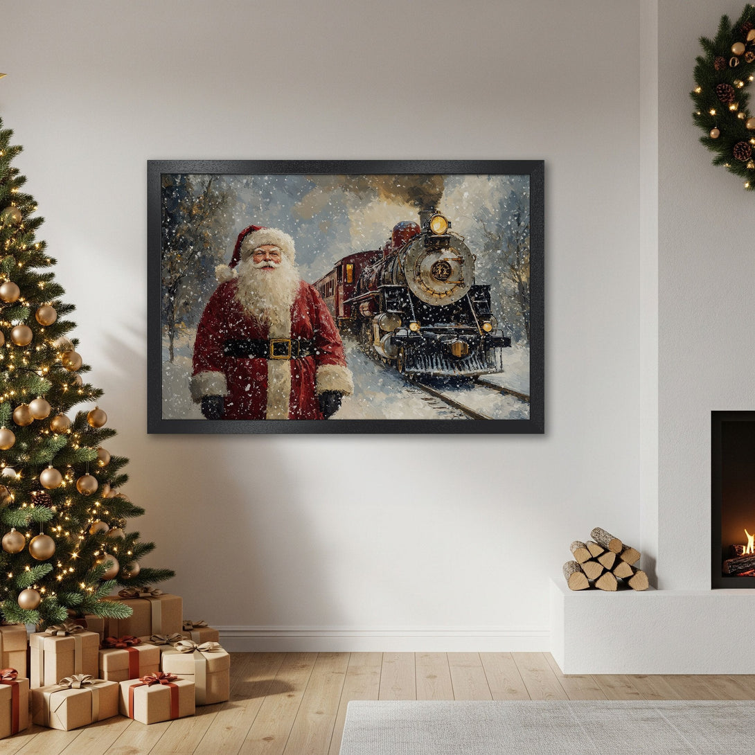 Framed Poster featuring Santa Claus and a train in a snowy scene. Warm, festive colors and a vintage art style. Perfect Christmas decor!