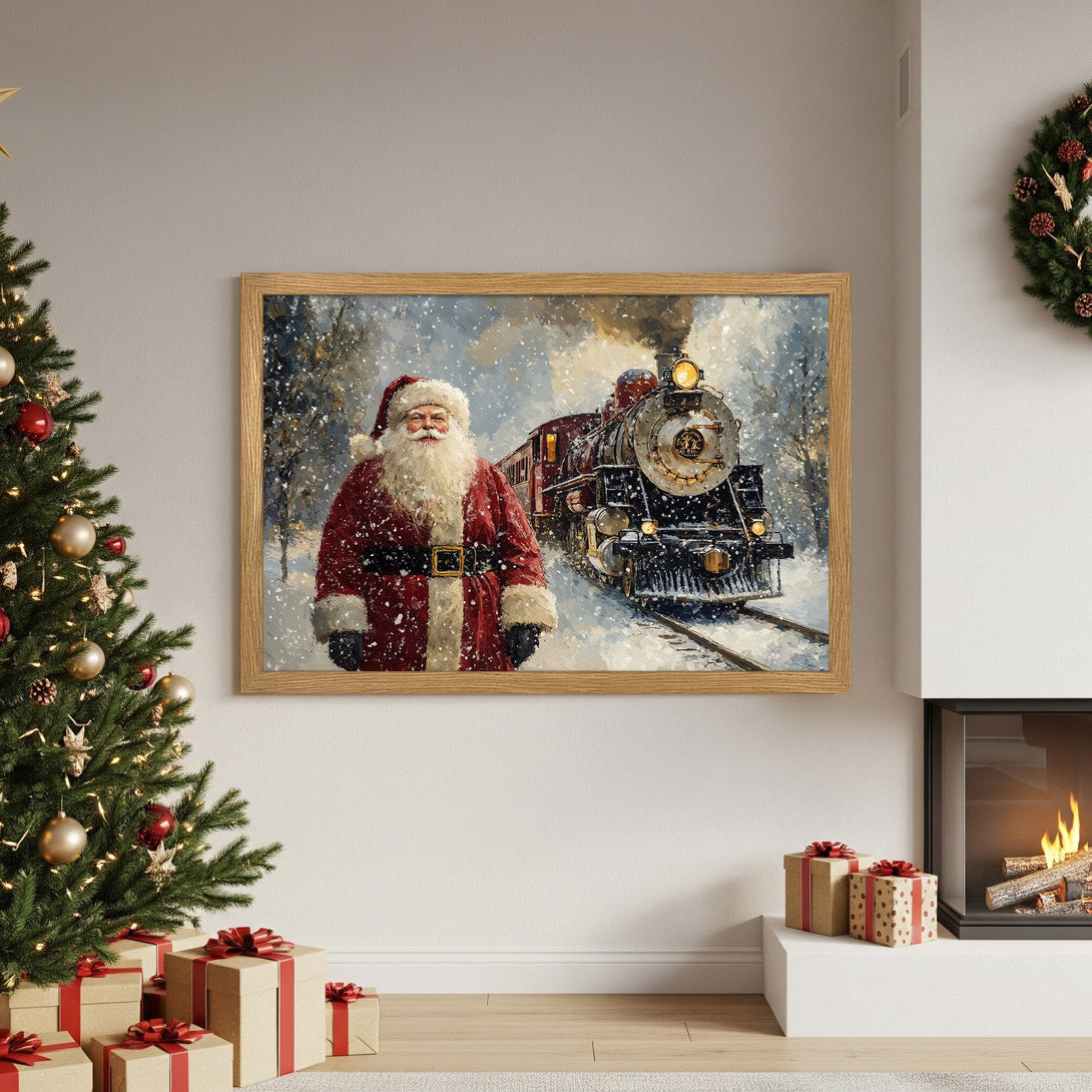 Framed Poster featuring Santa Claus & train in a snowy landscape, painted in a vintage style with a warm red & cool blue color palette. Perfect Christmas decor!