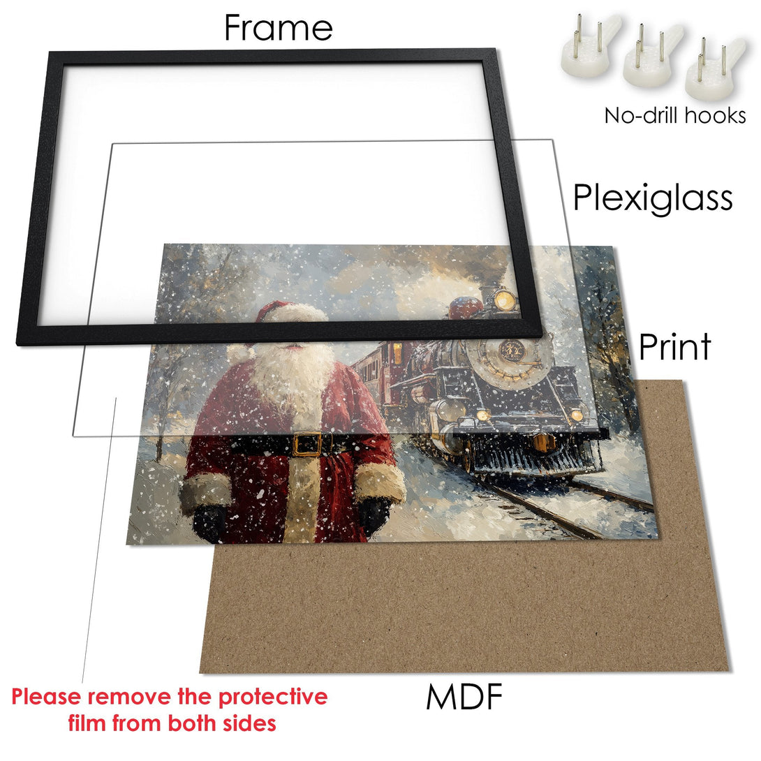 Framed Poster featuring Santa Claus and a train in a snowy scene. Rich reds, blues, and whites create a festive holiday aesthetic.