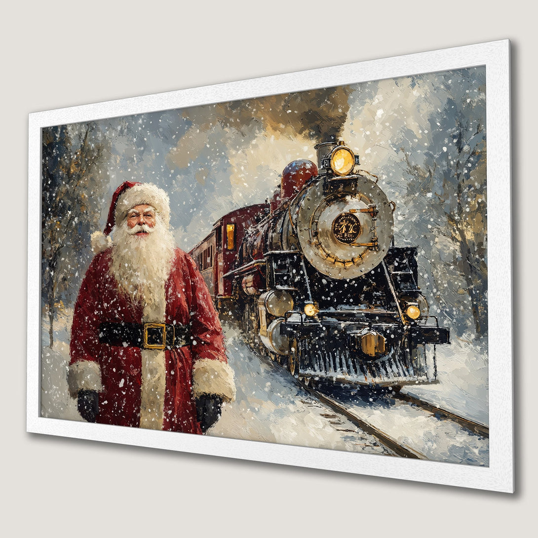 Framed Poster featuring Santa Claus and a vintage train in a snowy landscape, painted in a warm, festive color palette.