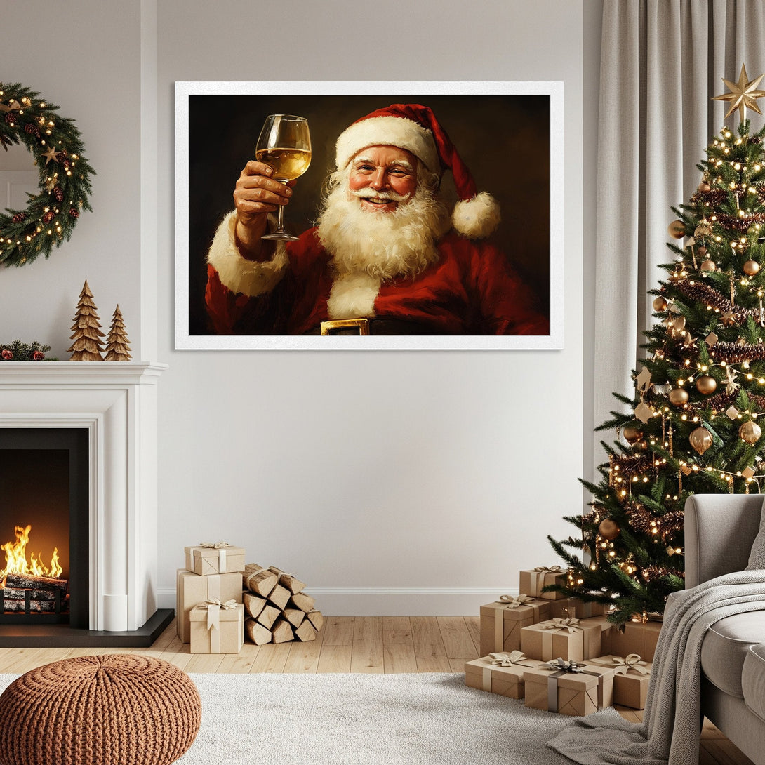 Framed Poster of Santa Claus toasting, warm red & gold palette, perfect Christmas decor.