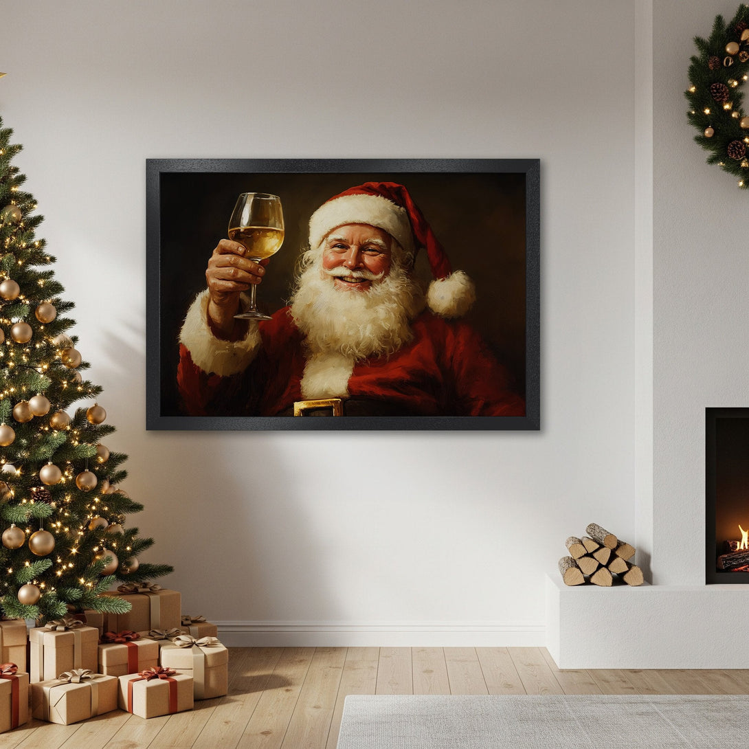Framed Poster featuring Santa Claus raising a glass, warm red and gold tones, perfect Christmas decor.
