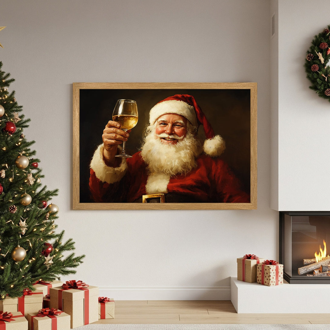 Framed Poster of Santa Claus toasting, classic style, red & gold palette, perfect Christmas decor.